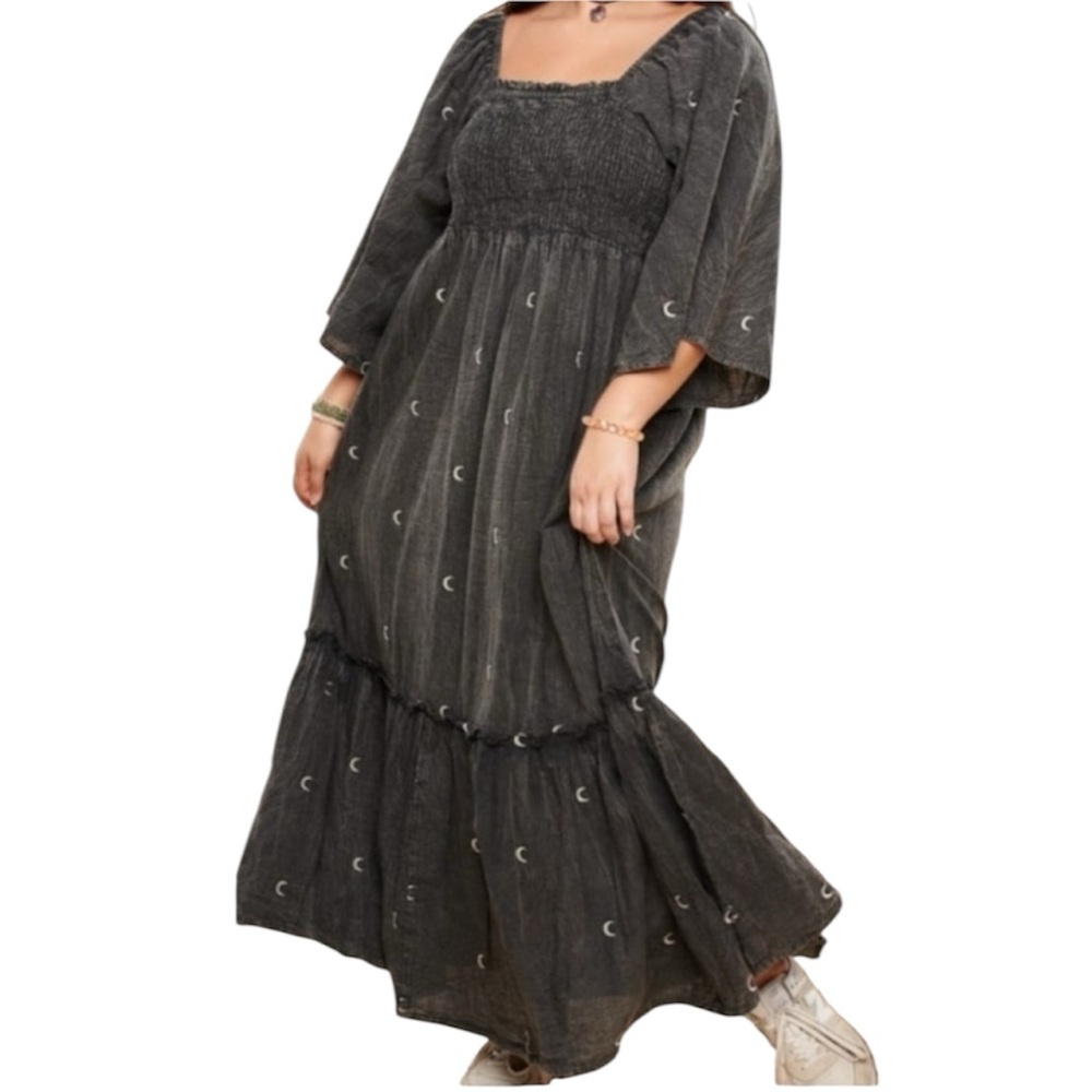 NEW EARTHBOUND Light Gray Embroidered Crescent Smocked Maxi Dress Size: Small - Picture 3 of 15